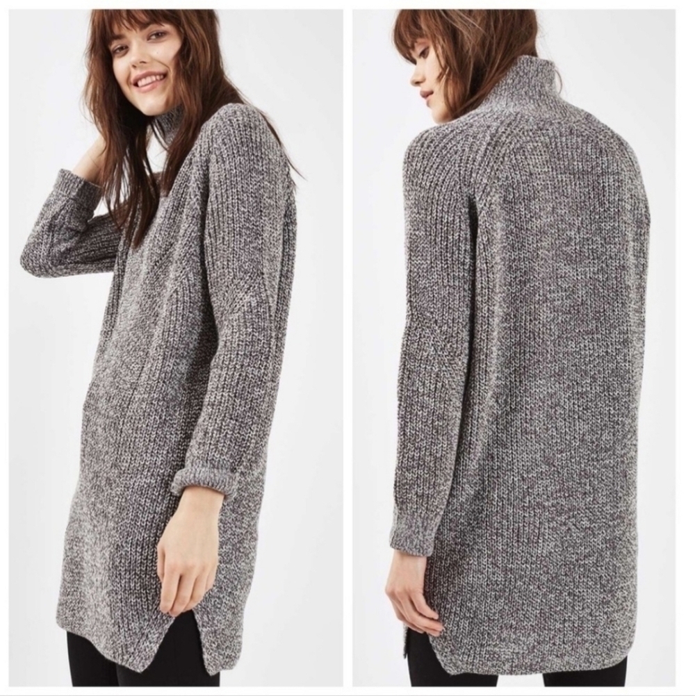 Topshop Grey Chunky Knit Sweater Dress Funnel Neck Women’s 4 Tulip Hem Pointelle